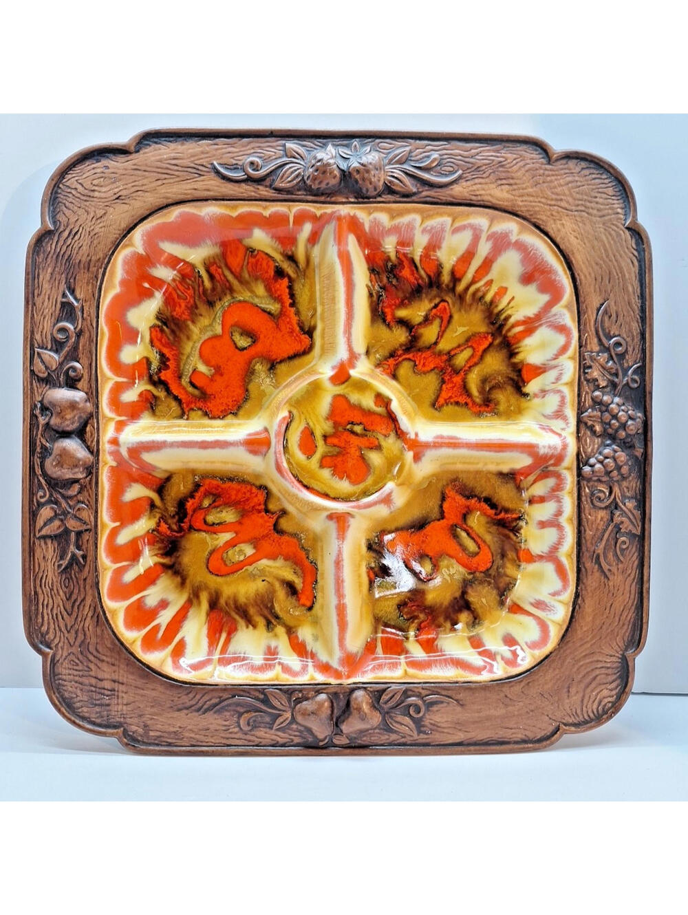 Compton Calif  1959 Treasure Craft Woodgrain Orange Divided Serving Platter